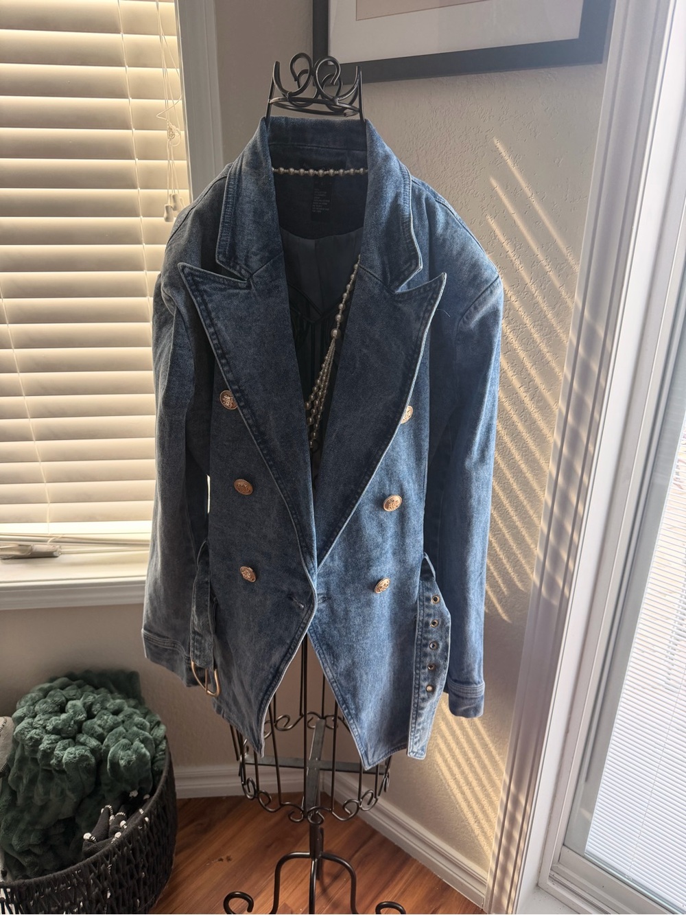 Dark Blue Double-Breasted Denim Blazer with Gold Buttons